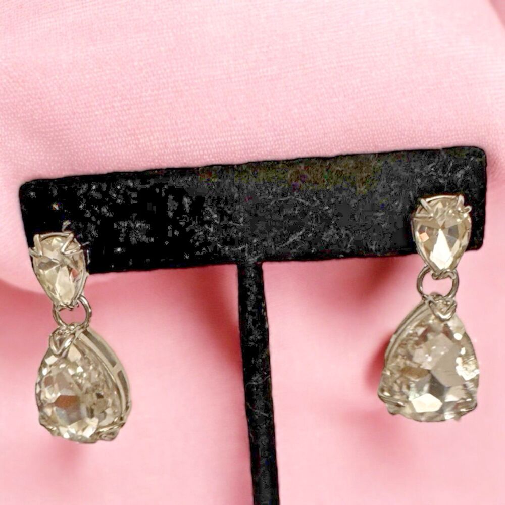 Crystal Dangle Stud Earrings – Clear Rhinestones, Silvertone, 1.25"